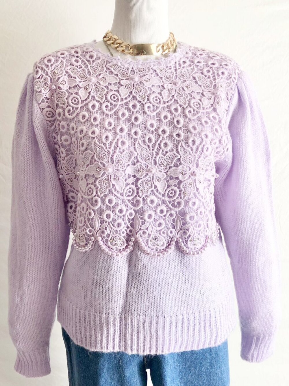 Vintage 80s Dana Ashley Lavender Crochet Knit Sweater Size M